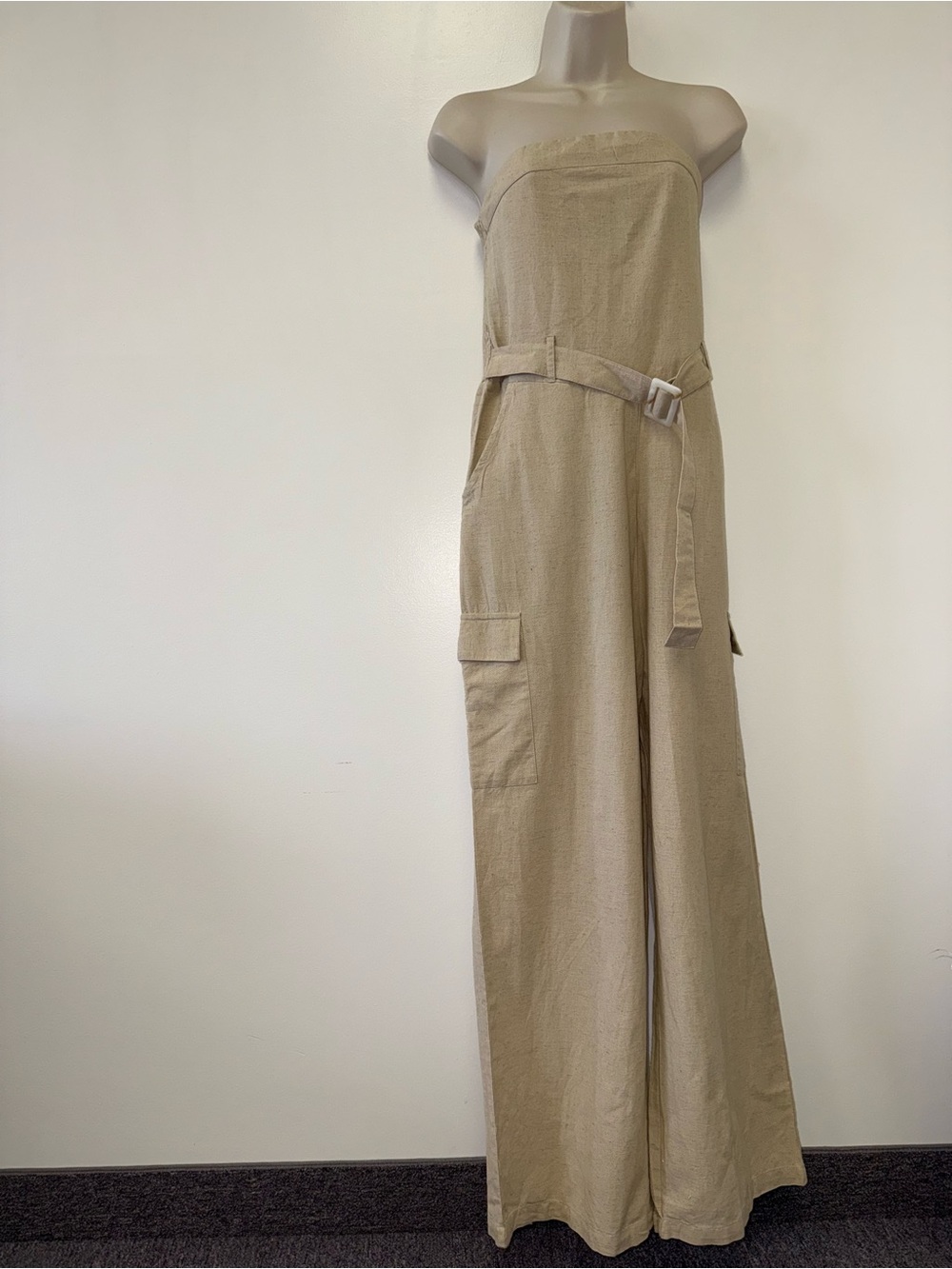 NWT Sim & Sam (Large) Brand New Tan Linen Blend Strapless Jumpsuit with Belt